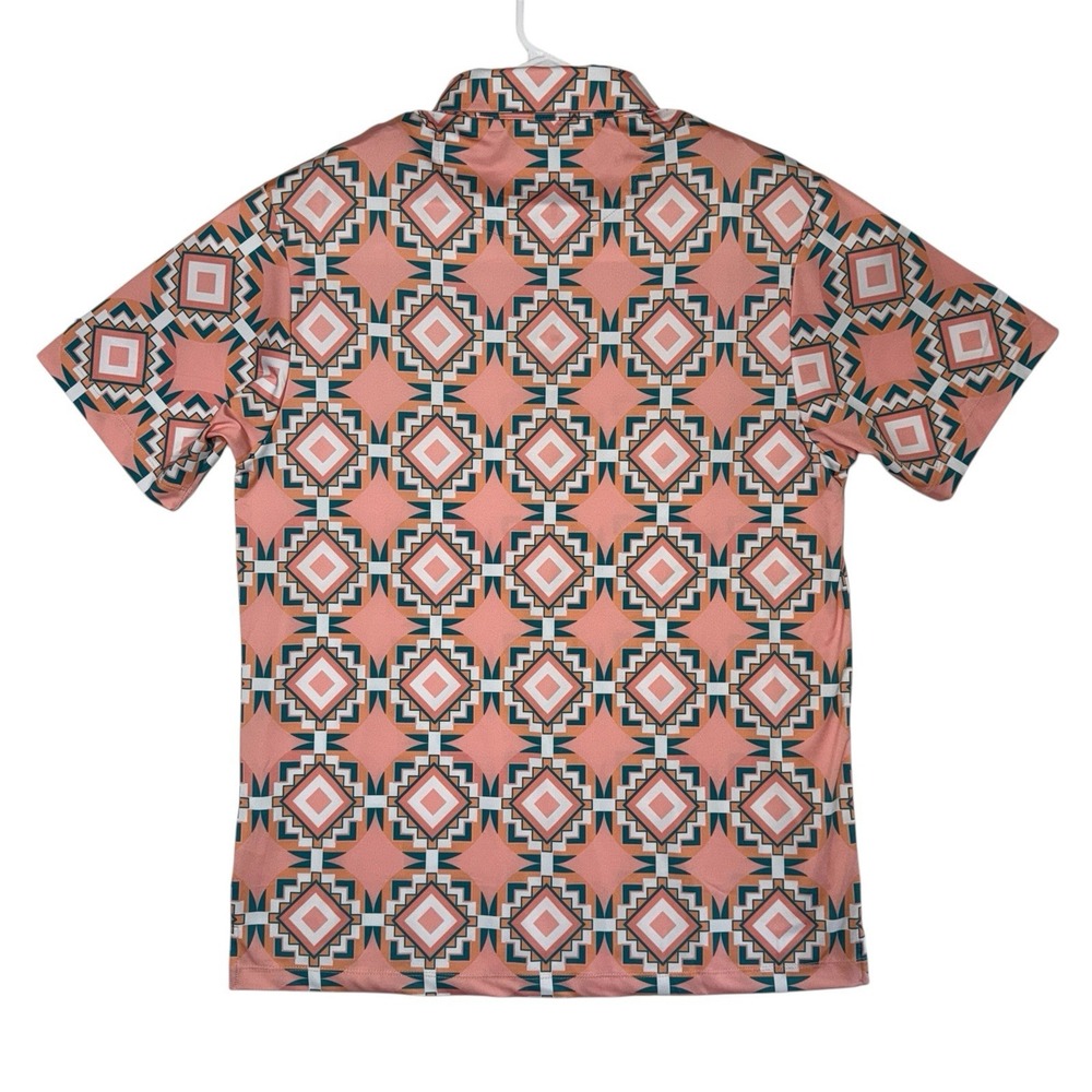 Bad Birdie Golf Polo Shirt Men Size Large Aztec Pink Green Geometric Performance - Picture 2 of 8